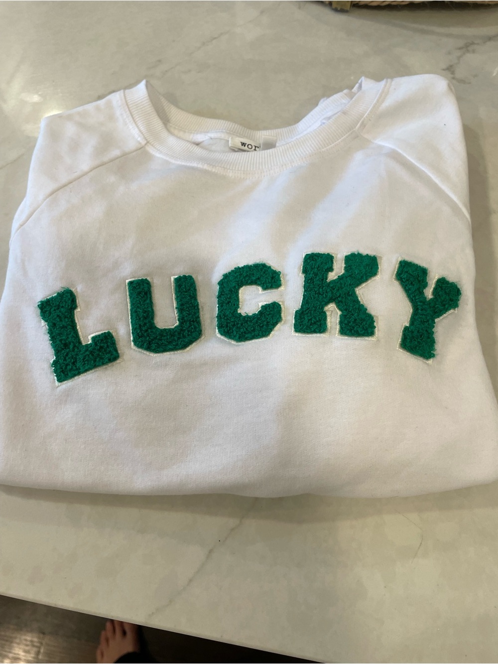 Republic workshop White Sweatshirt with Green 'LUCKY' Chenille Letters Small